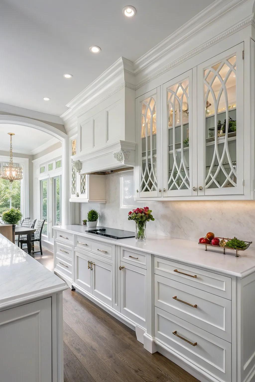 Structural particulars bestow profundity and persona to this elegant white kitchen.
