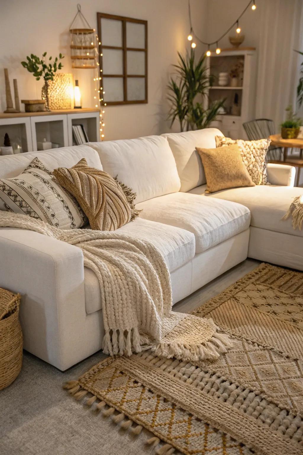 Texture imparts profundity to a living space featuring a creamy white sectional.