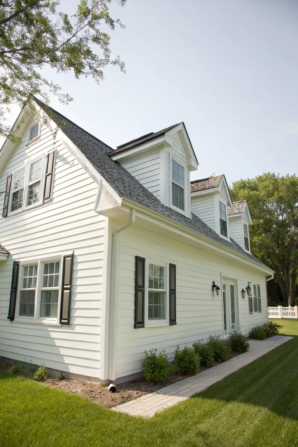 An attractive house showcasing white vinyl siding and traditional dormer windows.