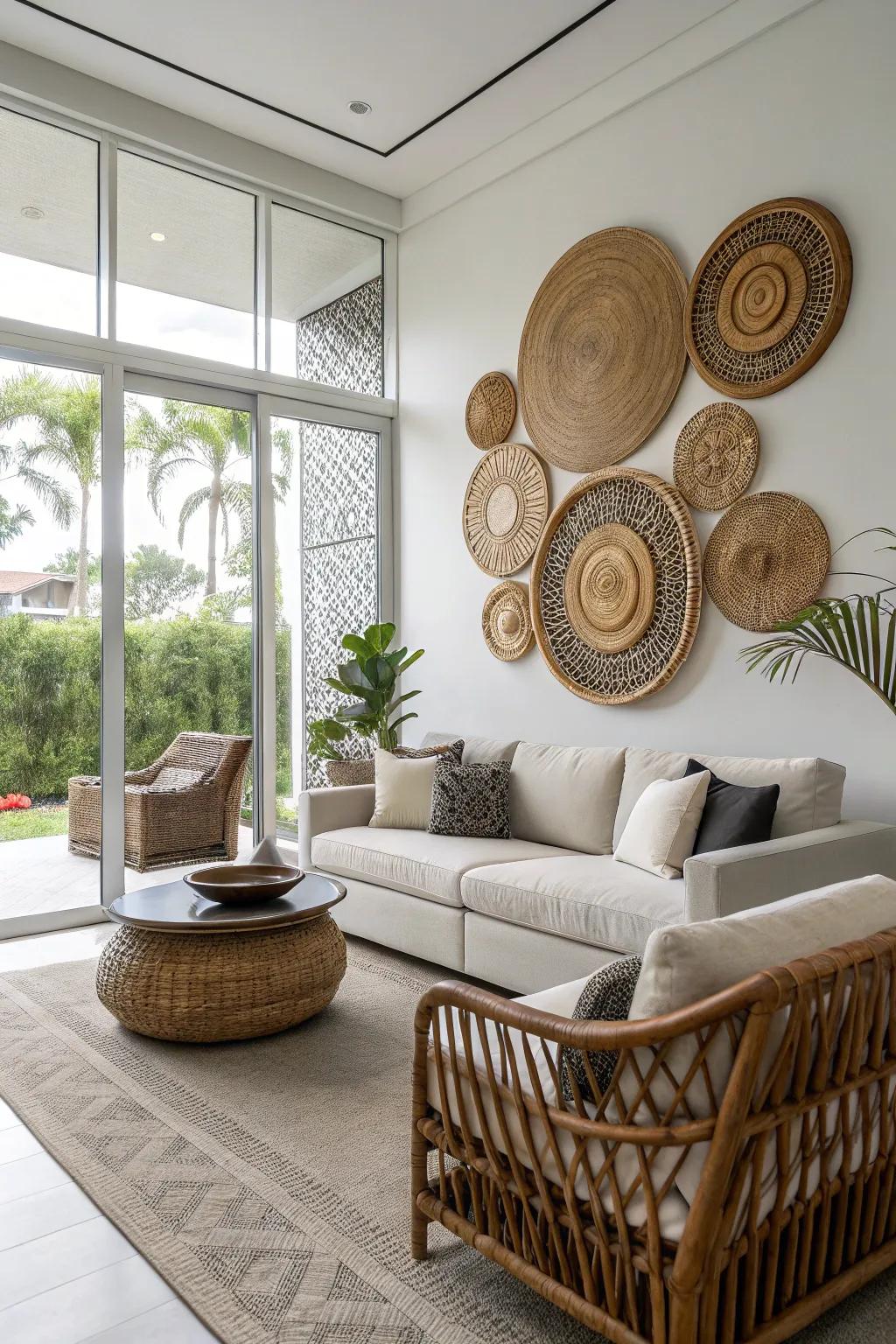 Create an appealing visual effect with asymmetrical wicker exhibits.