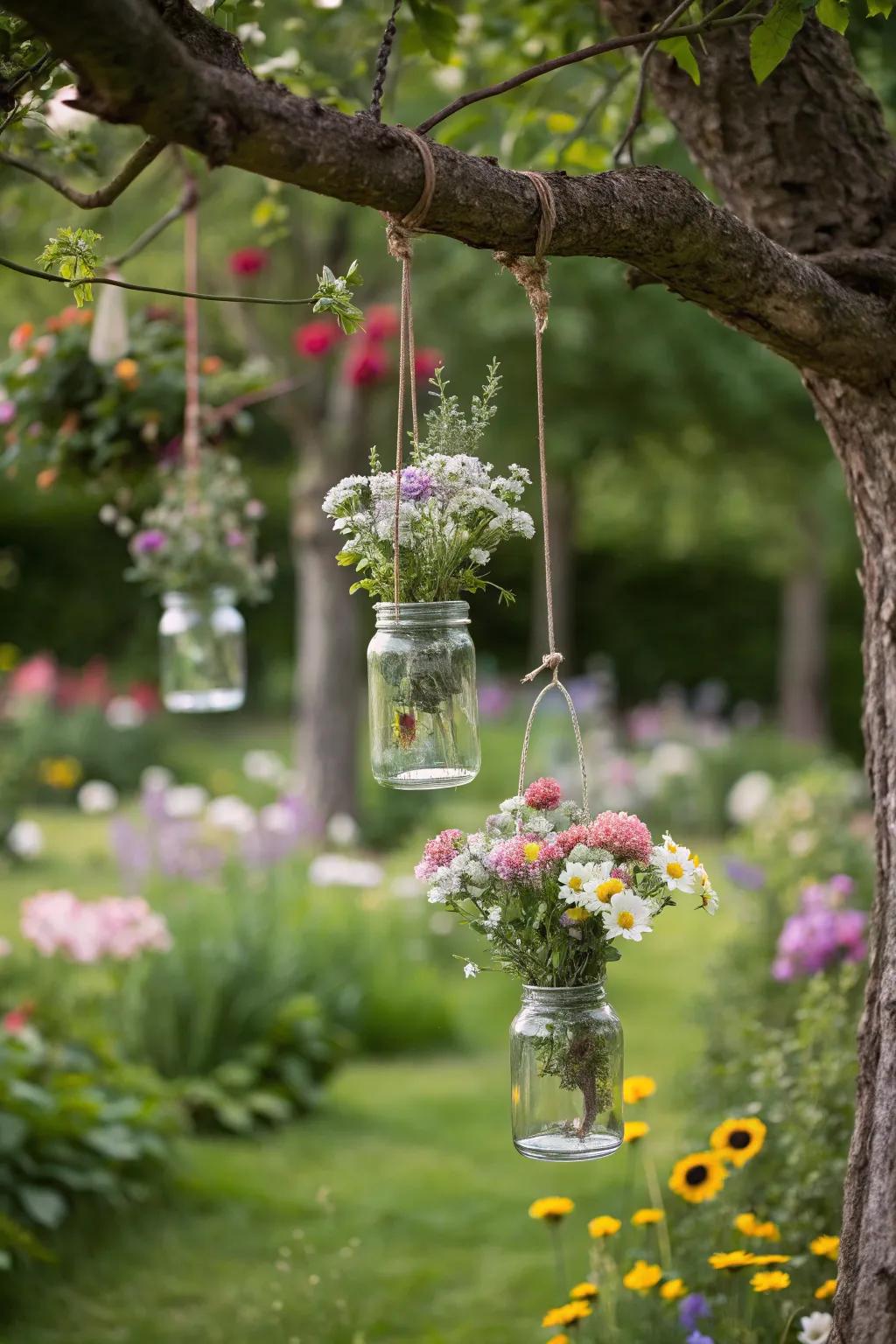 Suspended jars populated with wildflowers fashion a whimsical outdoor presentation.