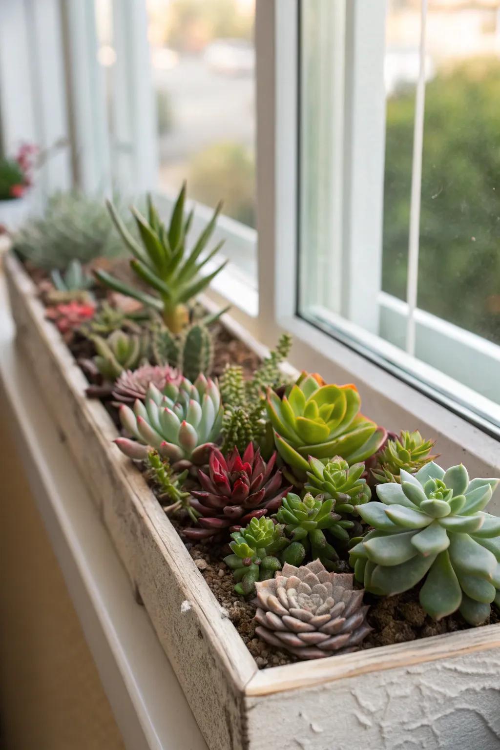 Showcasing a serene array of succulents within a window box setting