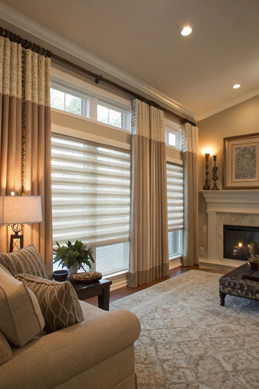 Layering blinds with drapes provides both style and light control.