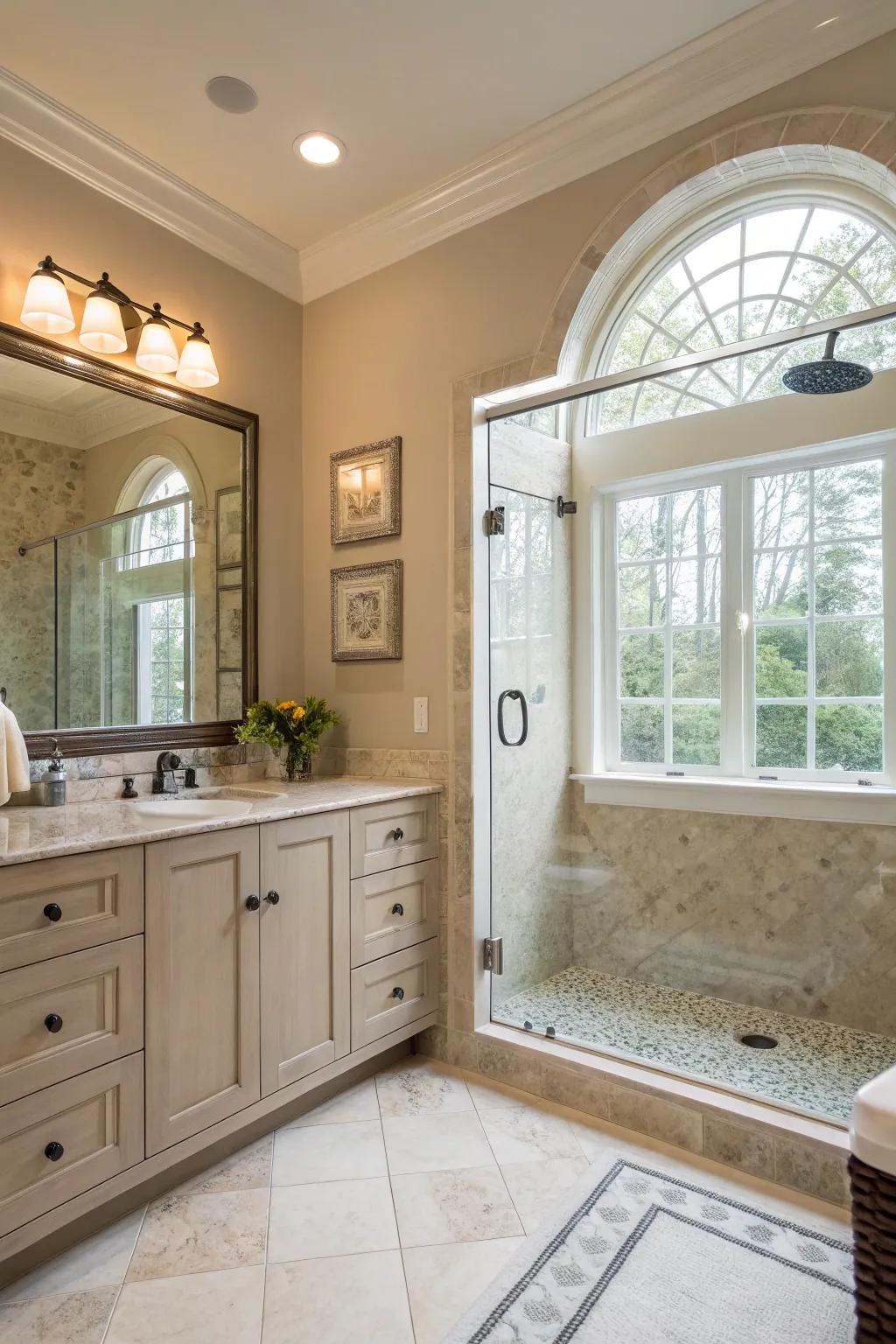 A transom window lends subtle natural light high in the shower space.