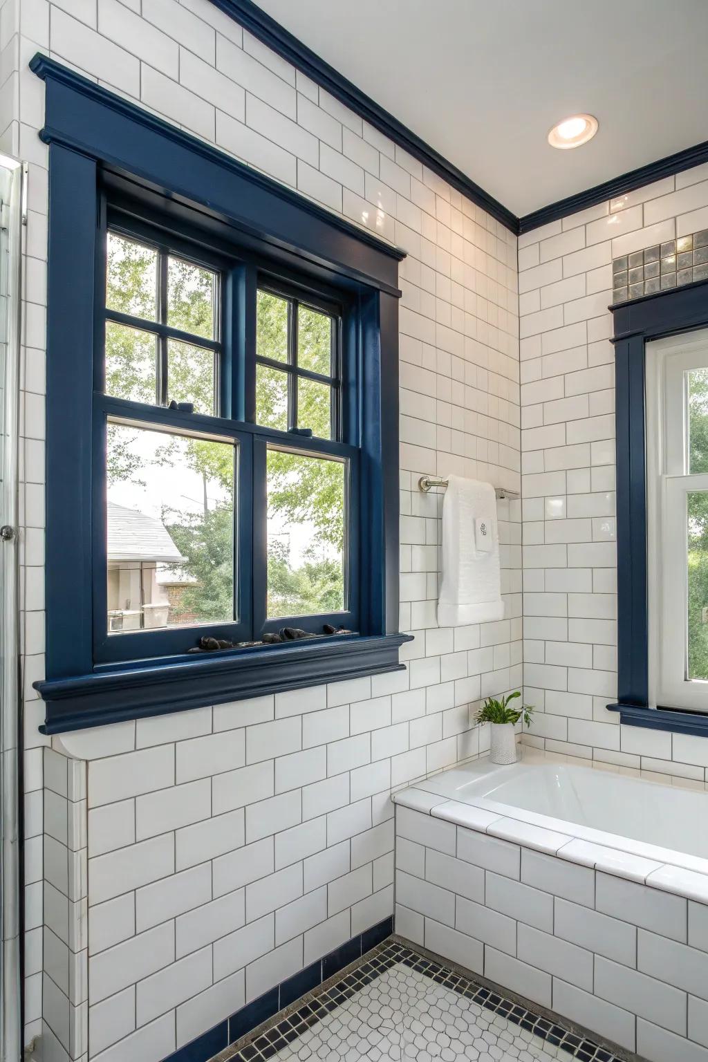 Navy blue trim imparts a nautical essence to a bathroom.