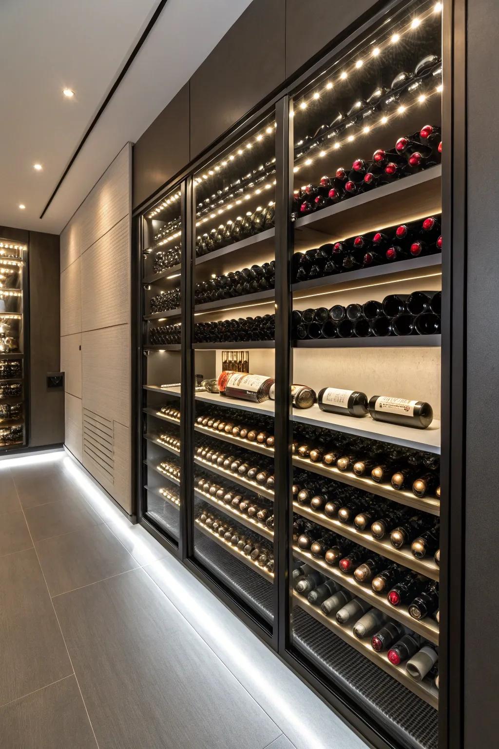 Contemporary filament bands emphasizing wine shelves for a sleek presentation.