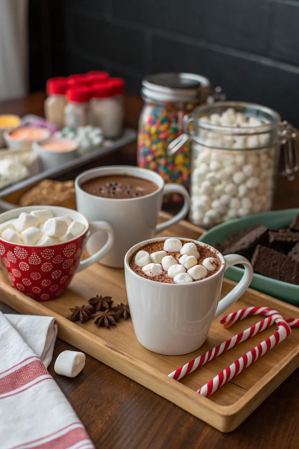 An inviting warm cocoa station ideal for a wintertime baby party.