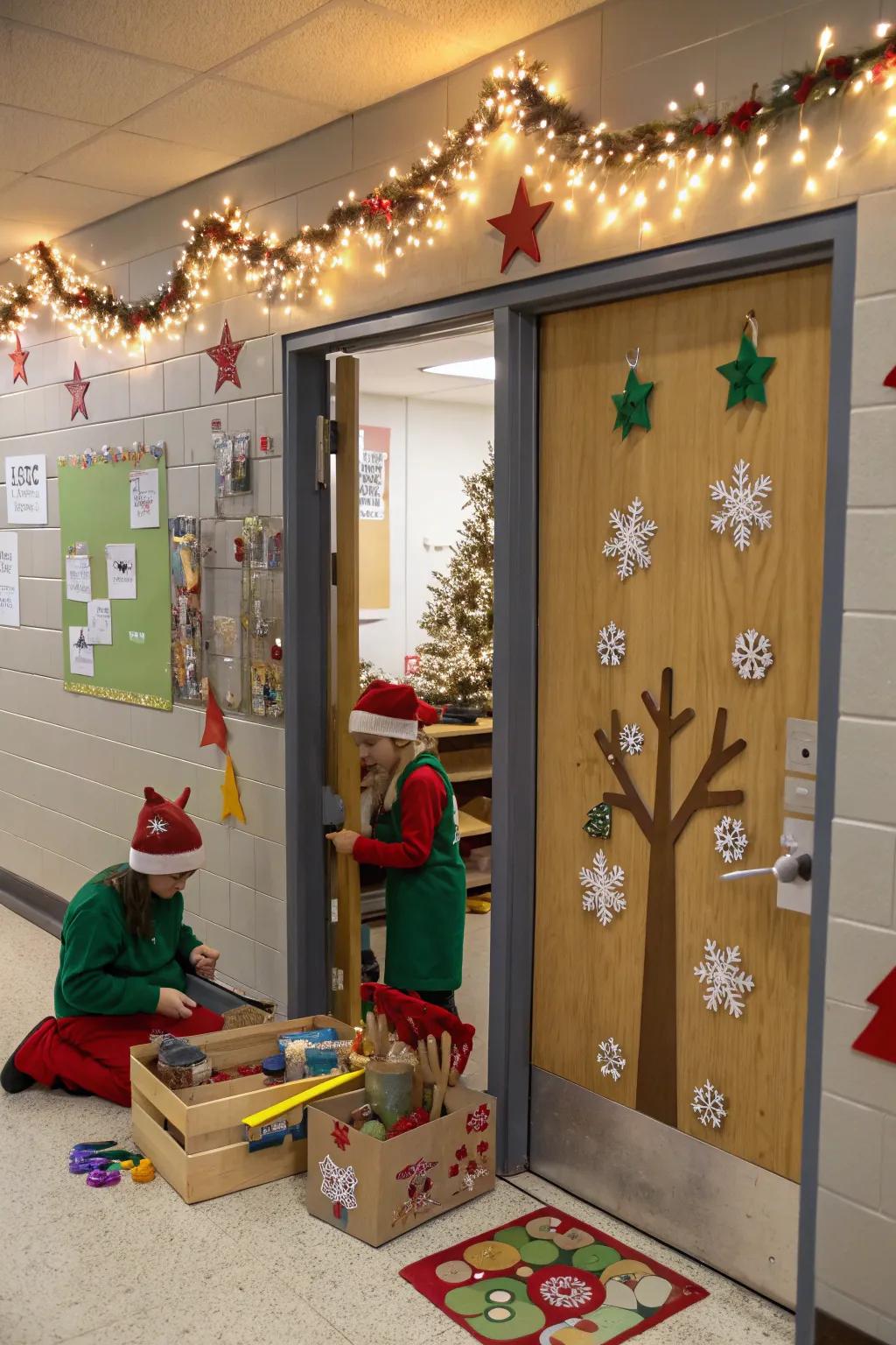 Step into St. Nick's workshop with this celebratory entry decor