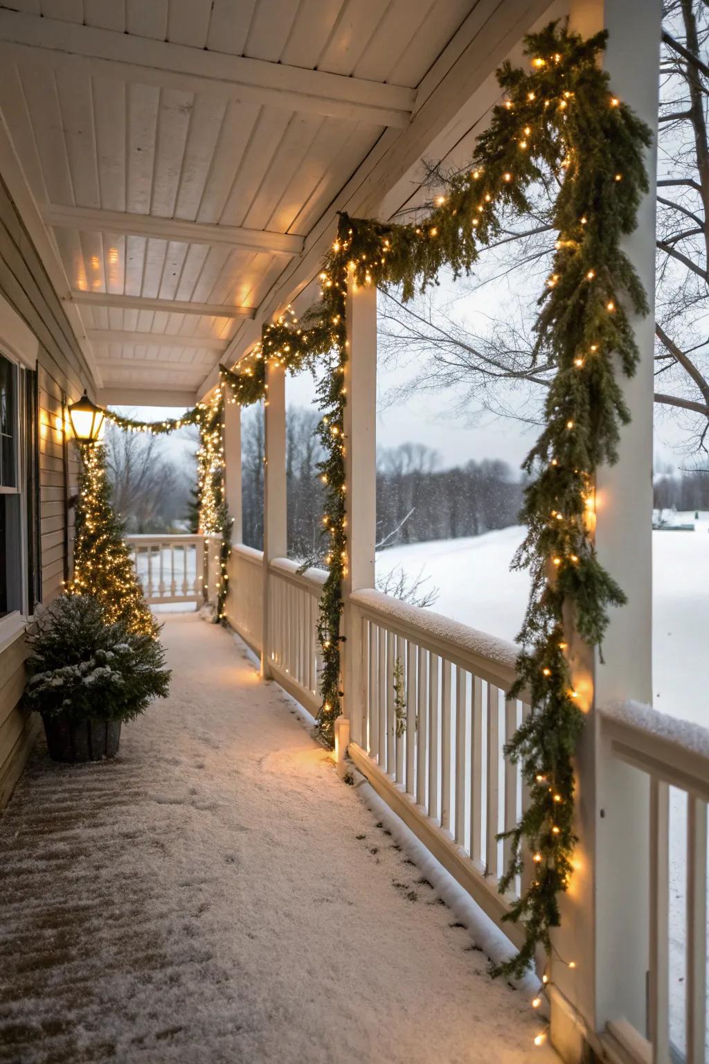 Twinkling string lights woven through garlands on a winter porch.