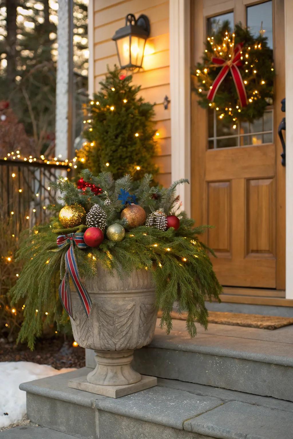 Holiday decorations transform planters into festive centerpieces.