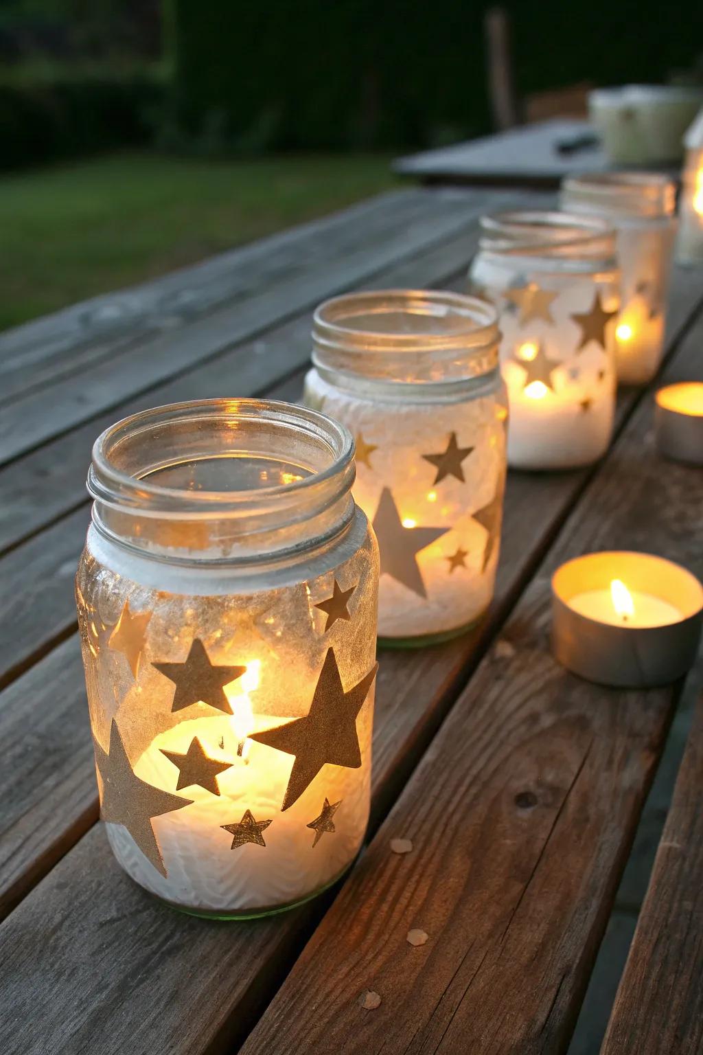 Glass jar lanterns conjure an astral shimmer, ideal for the solstice eve.