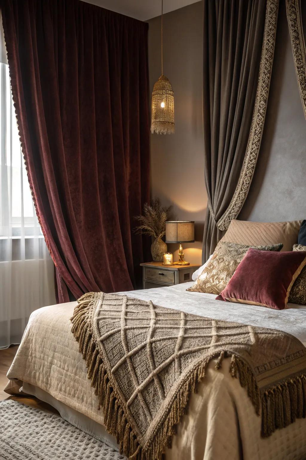 Luxurious textiles add depth and warmth to a witchy bedroom.
