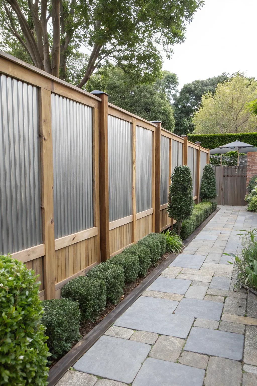 A provincial-contemporary fence showcasing ridged steel and lumber edges.