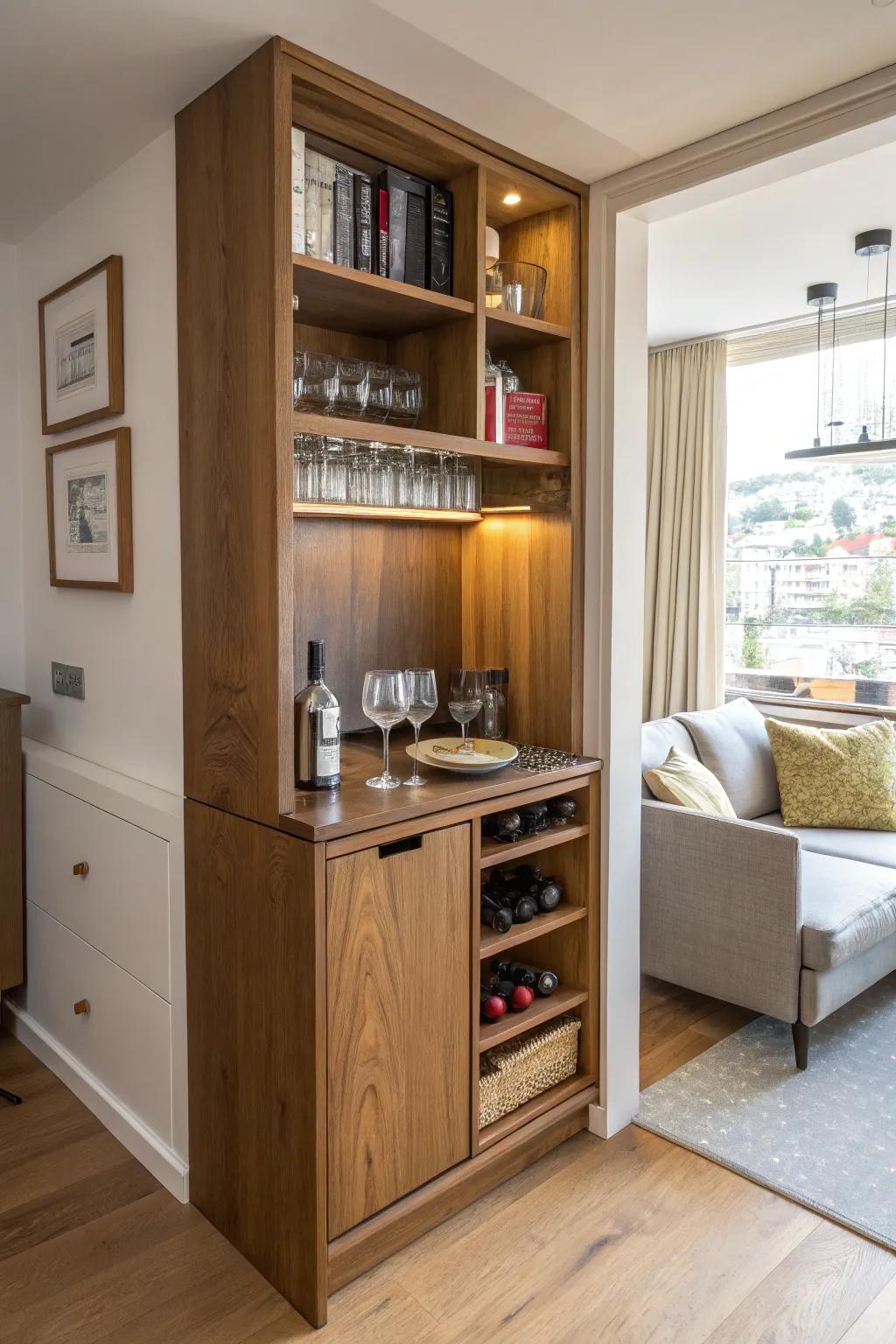 A compact wooden bar ideal for small spaces.