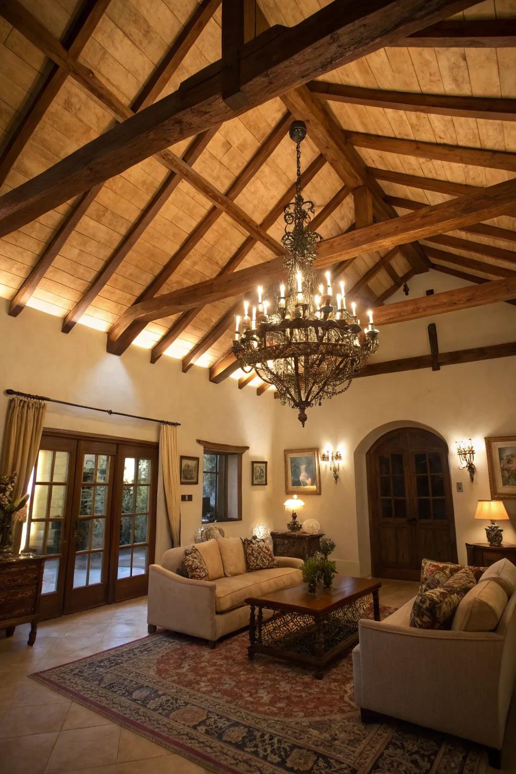 An exquisite light fixture enhancing the wooden features in a welcoming living space.