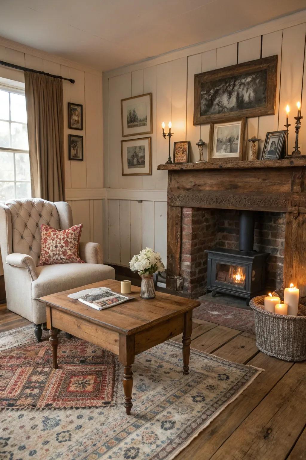 Cozy rustic area with vintage salvaged timber flooring.