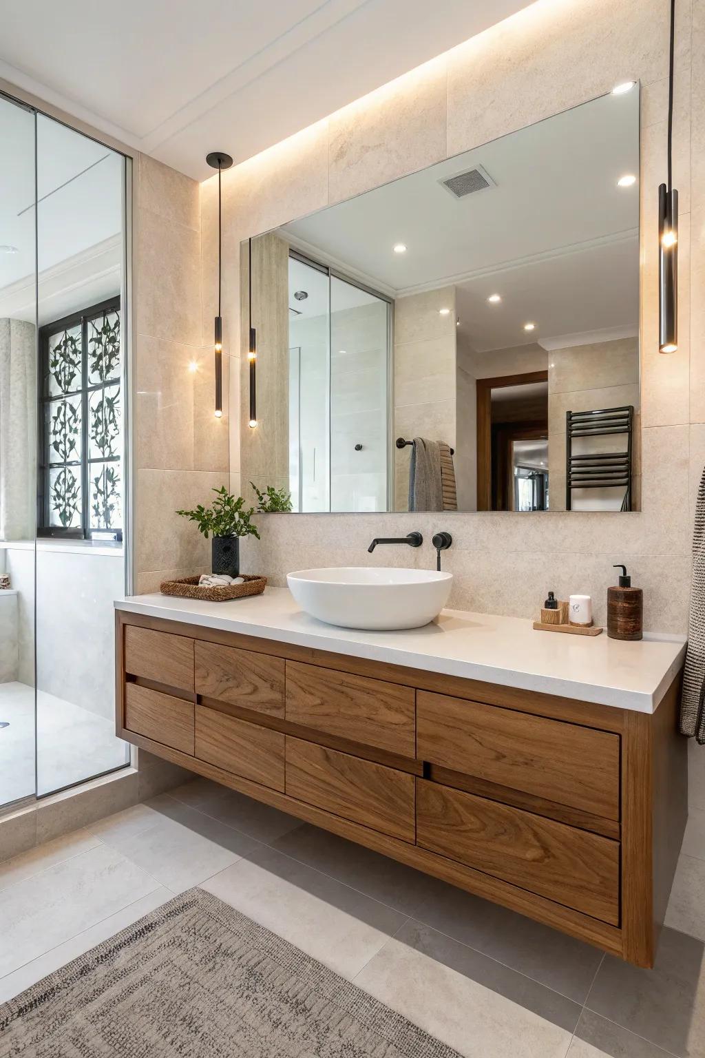 Elegant floating wood vanity for a contemporary bathroom