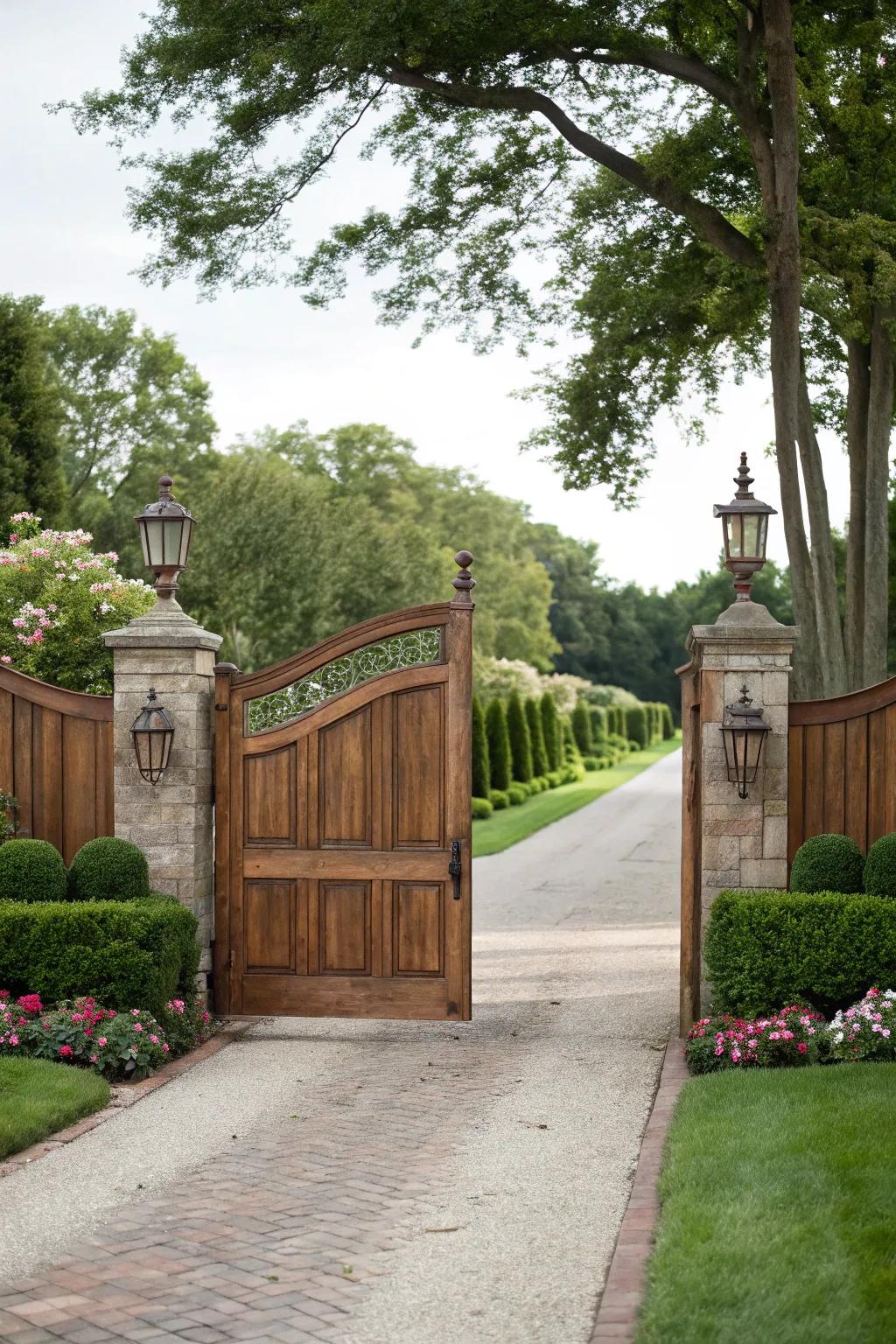 Double wood gates create a majestic and practical entrance.