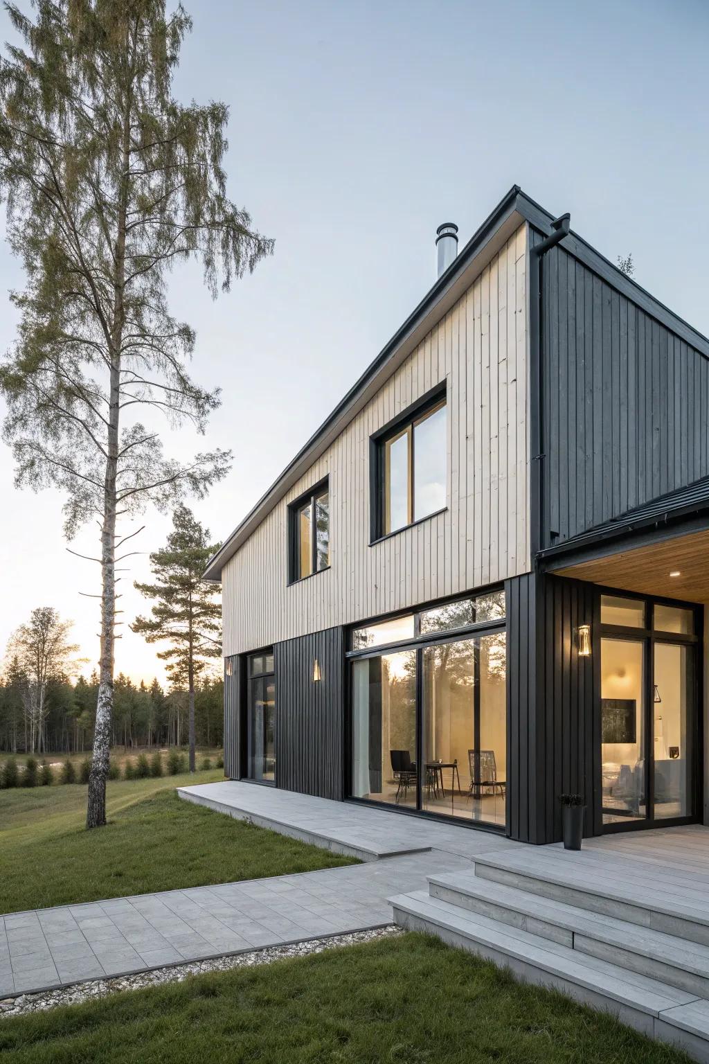 A sleek wood home with a minimalistic modern design using charcoal and white.