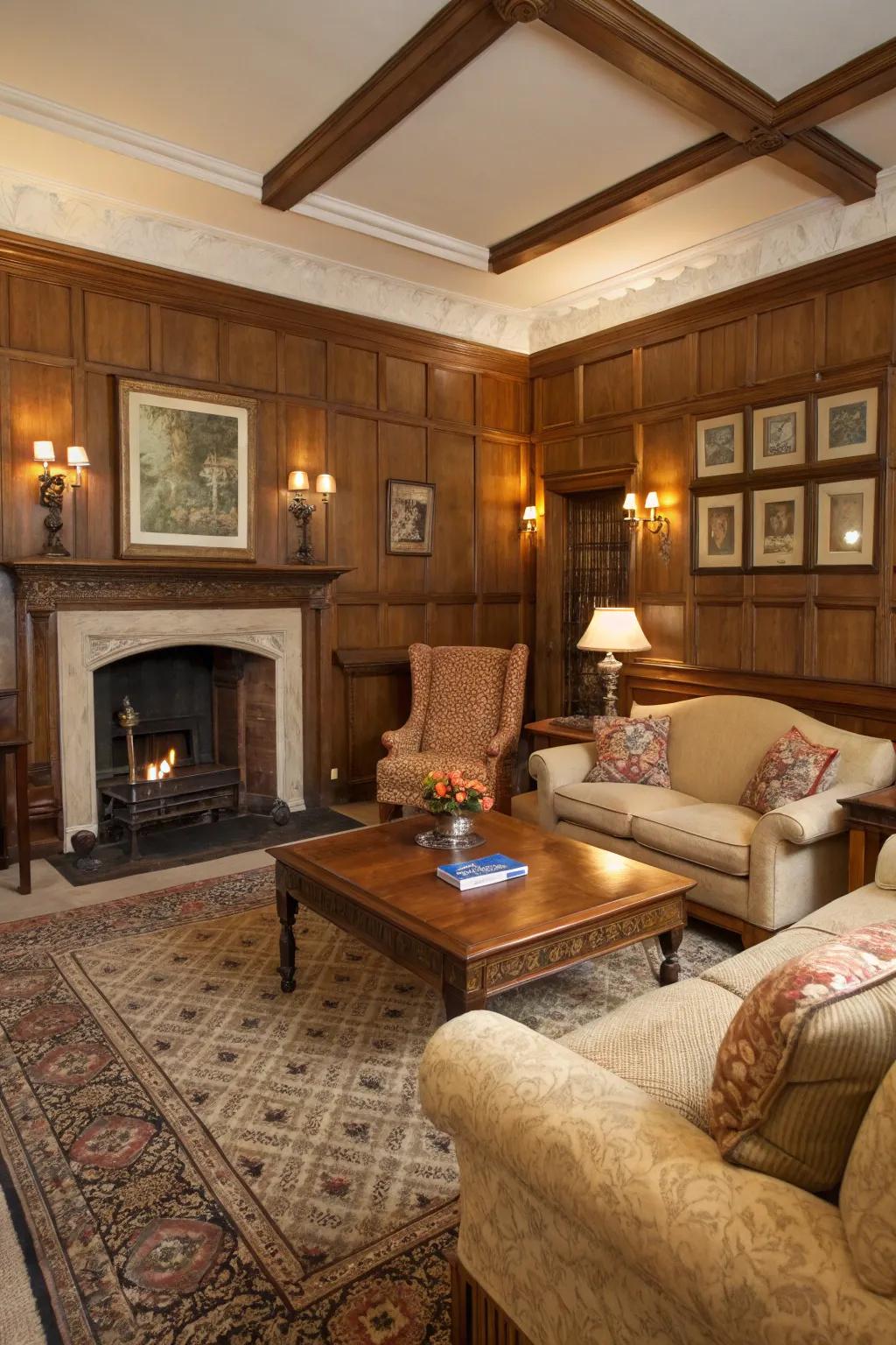 Traditional wood paneling radiates an air of timeless elegance.