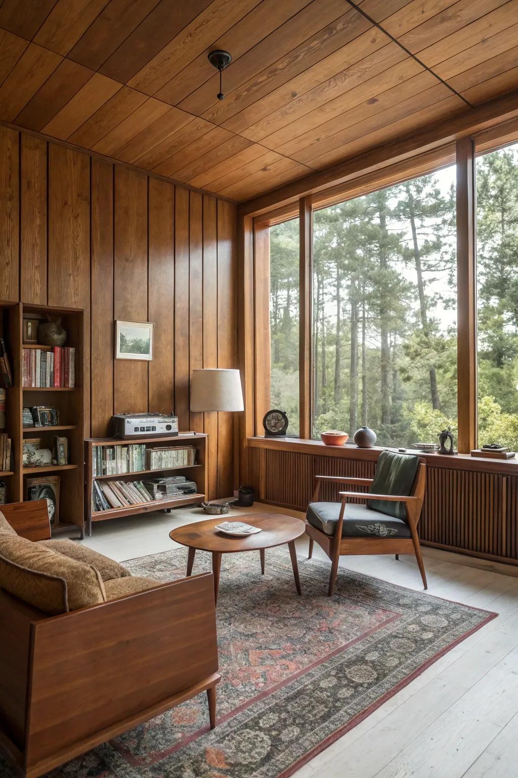 Mid-century modern wood layering imparts a vintage charm.