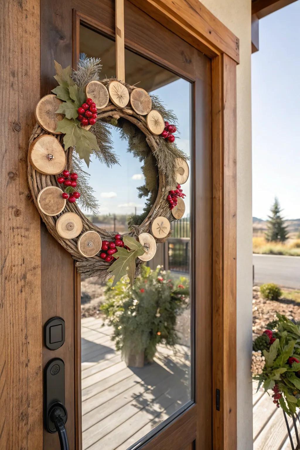 Seasonal rotation of wooden disc wreaths, ensuring perpetual freshness.