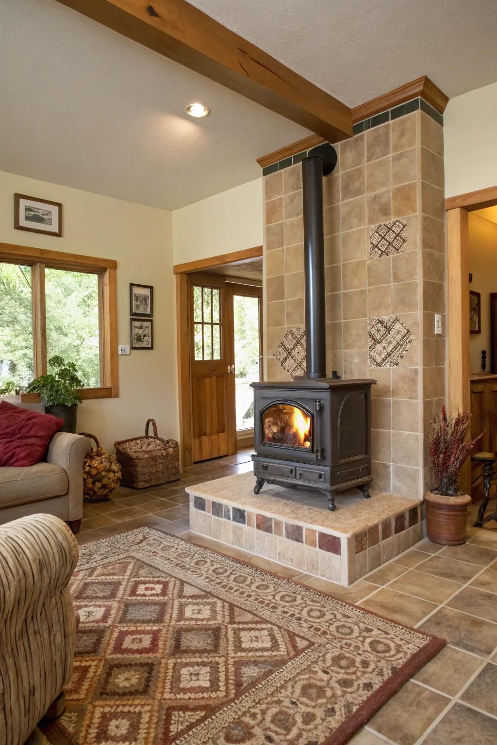 Earthy tiles provide a tranquil, nature-inspired atmosphere to your wood burner space.