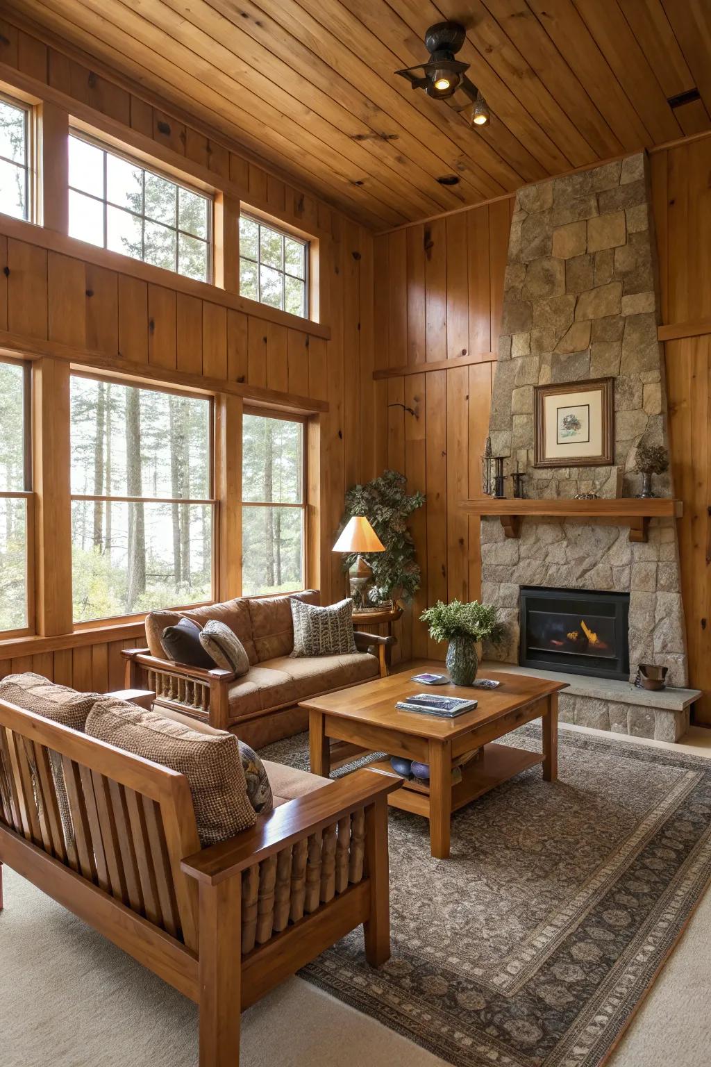 A tied-together living room with matched wood shades.