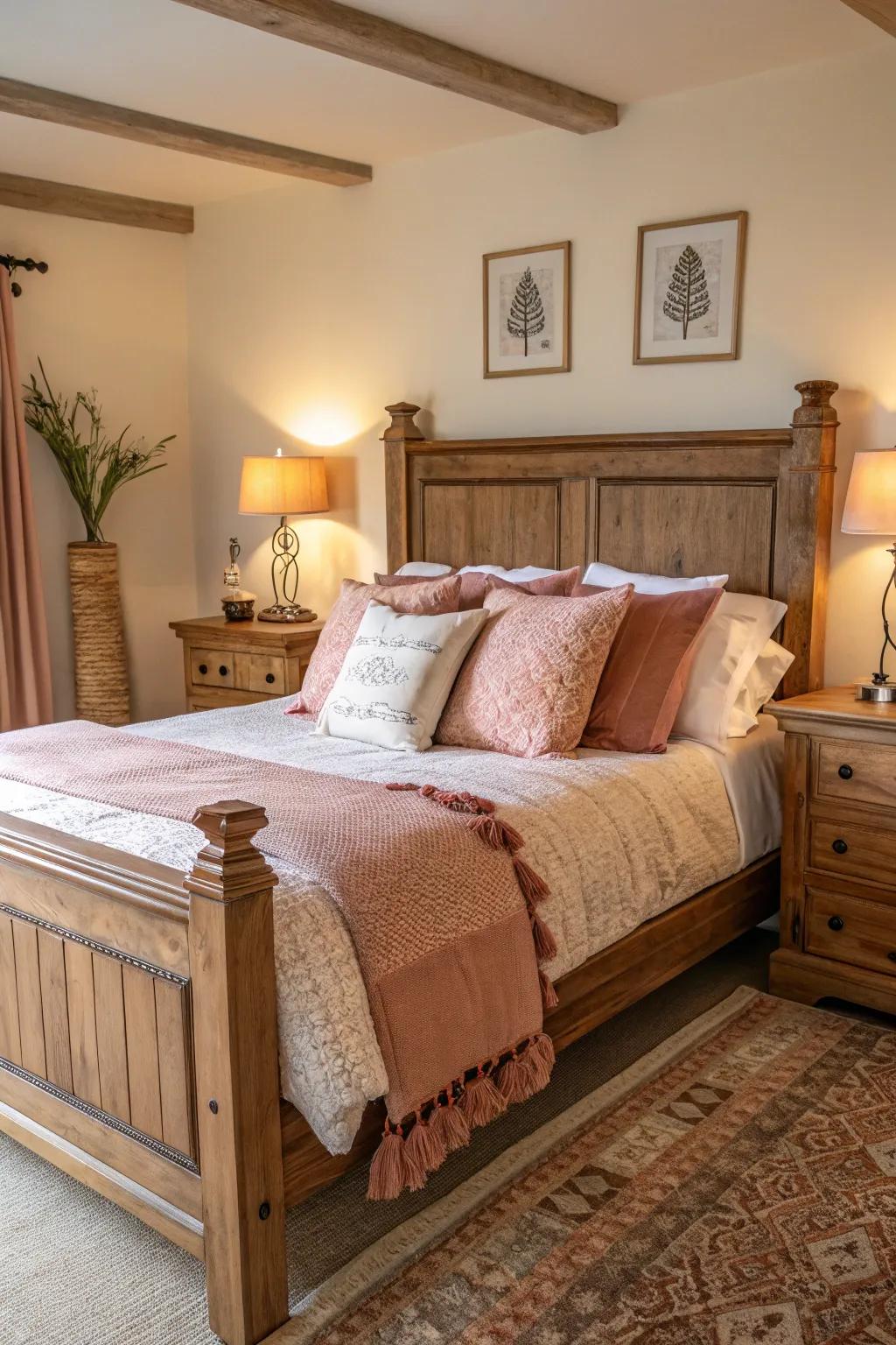 An inviting wooden bed enhanced by comforting decor.