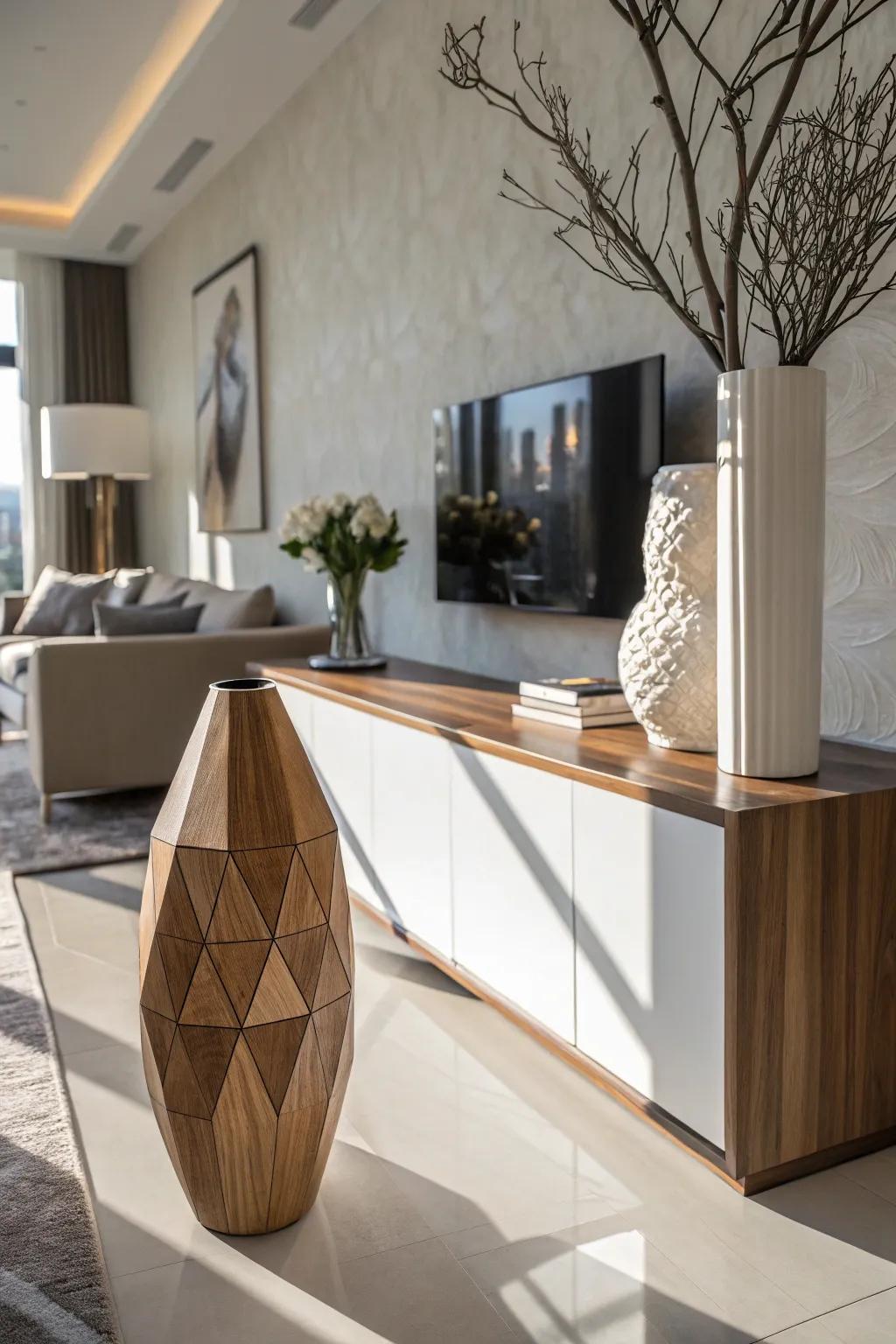 Infuse a modern avant-garde twist into your decor with geometric timber vases.