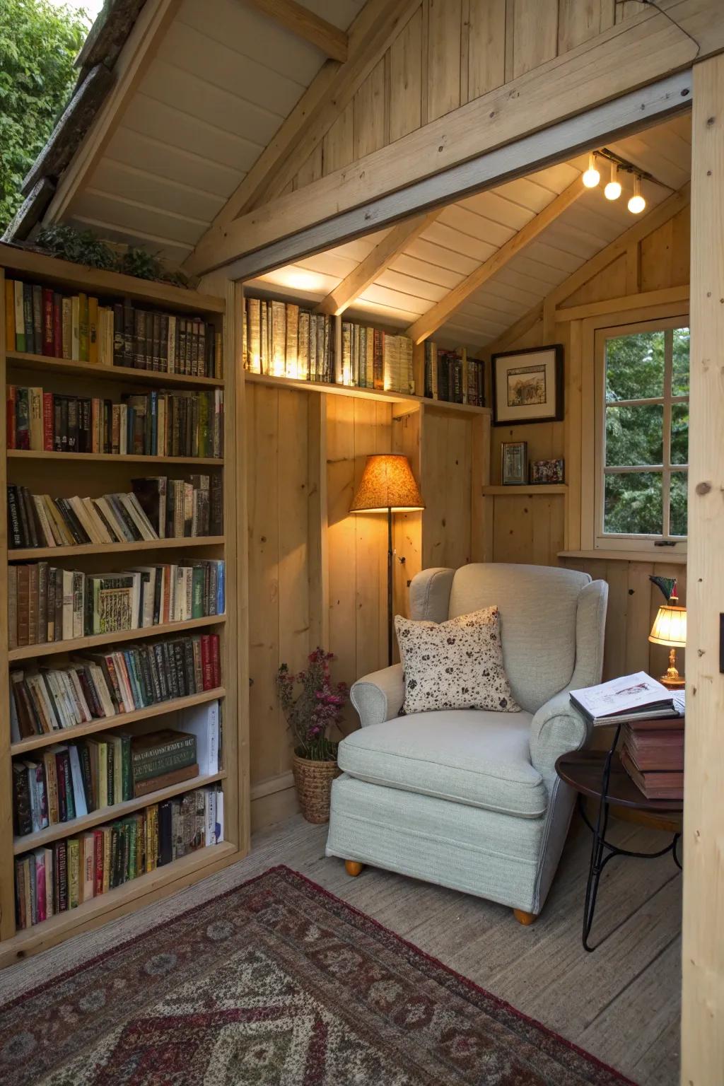 A writing shed featuring a cozy reading nook, perfectly designed to spark literary inspiration.