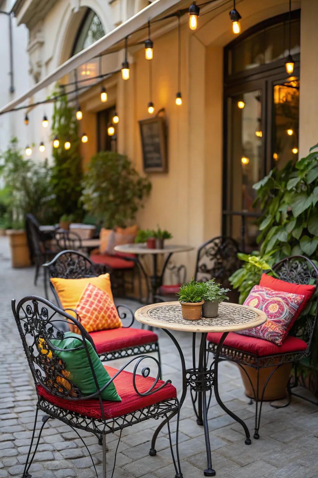 Brighten your patio with a vibrant small table ensemble accentuated by lively cushions.