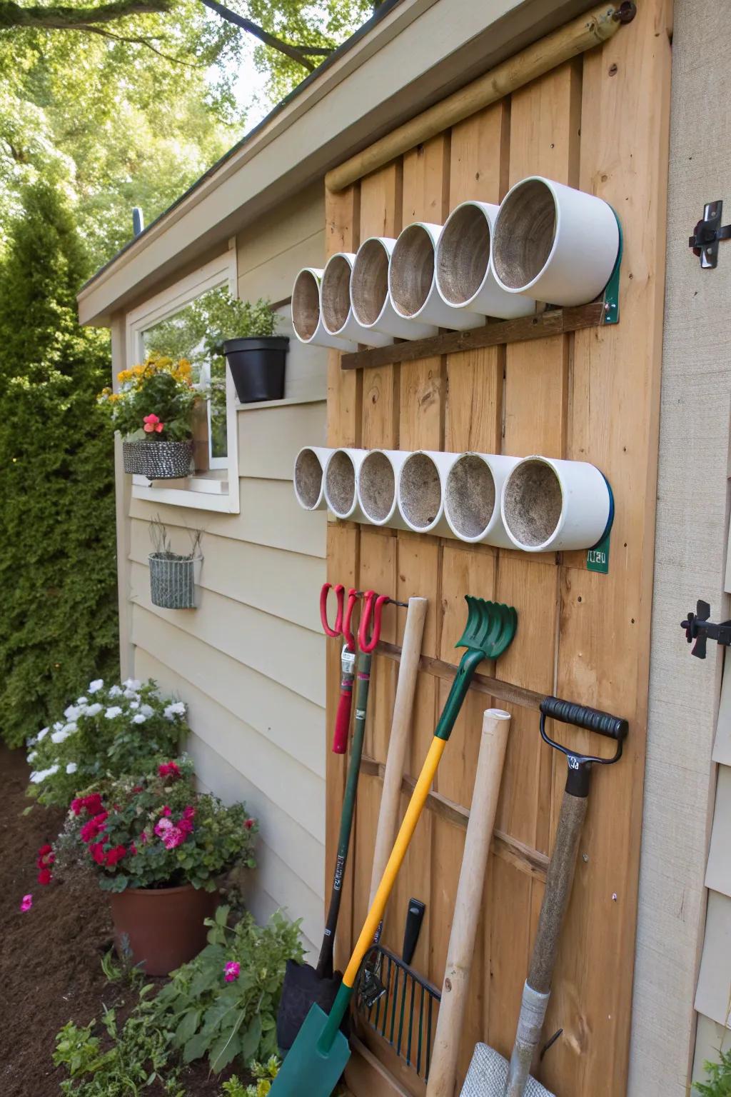 Creative and economical storage solution using PVC pipes.