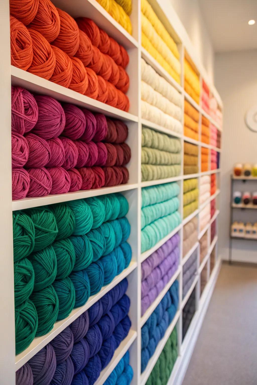 Arranging yarn by color creates a visually striking and useful display.
