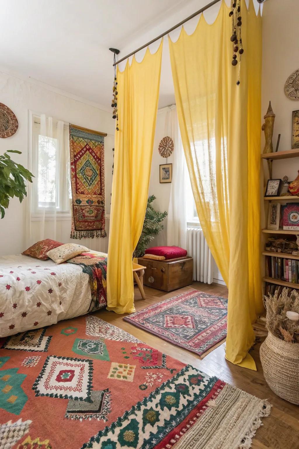 Gold drapes enhance the bohemian vibe with eclectic decor elements in the bedroom.