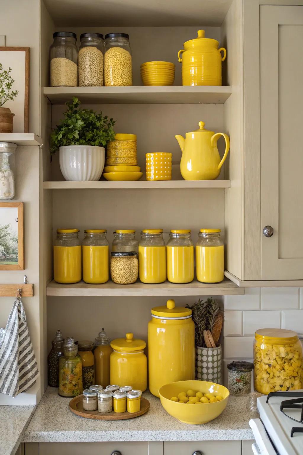 Sunny highlights on open shelves establish captivating focal points.