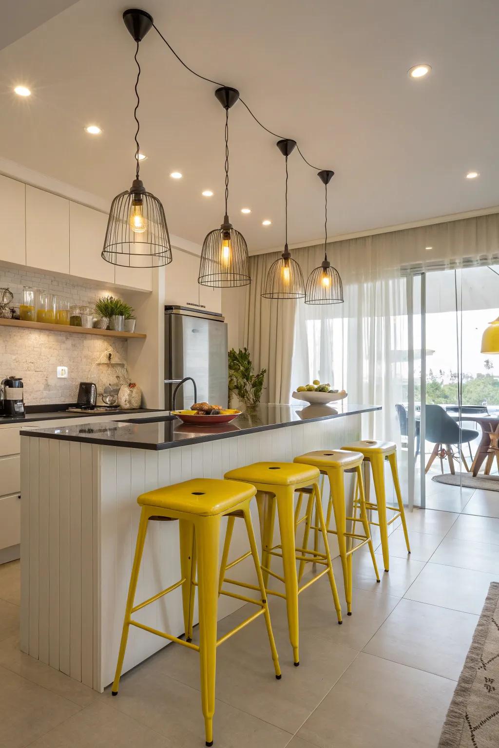 Yellow accents inject a cheerful element to a minimalist kitchen.