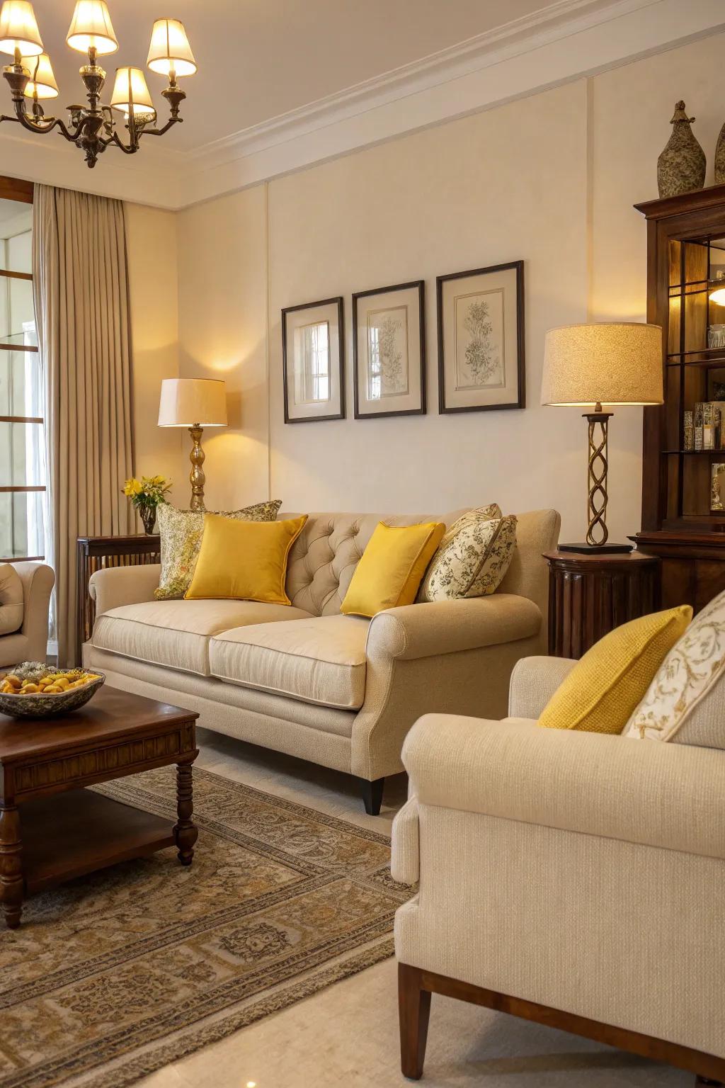 A harmonious living room accentuated with golden elements.