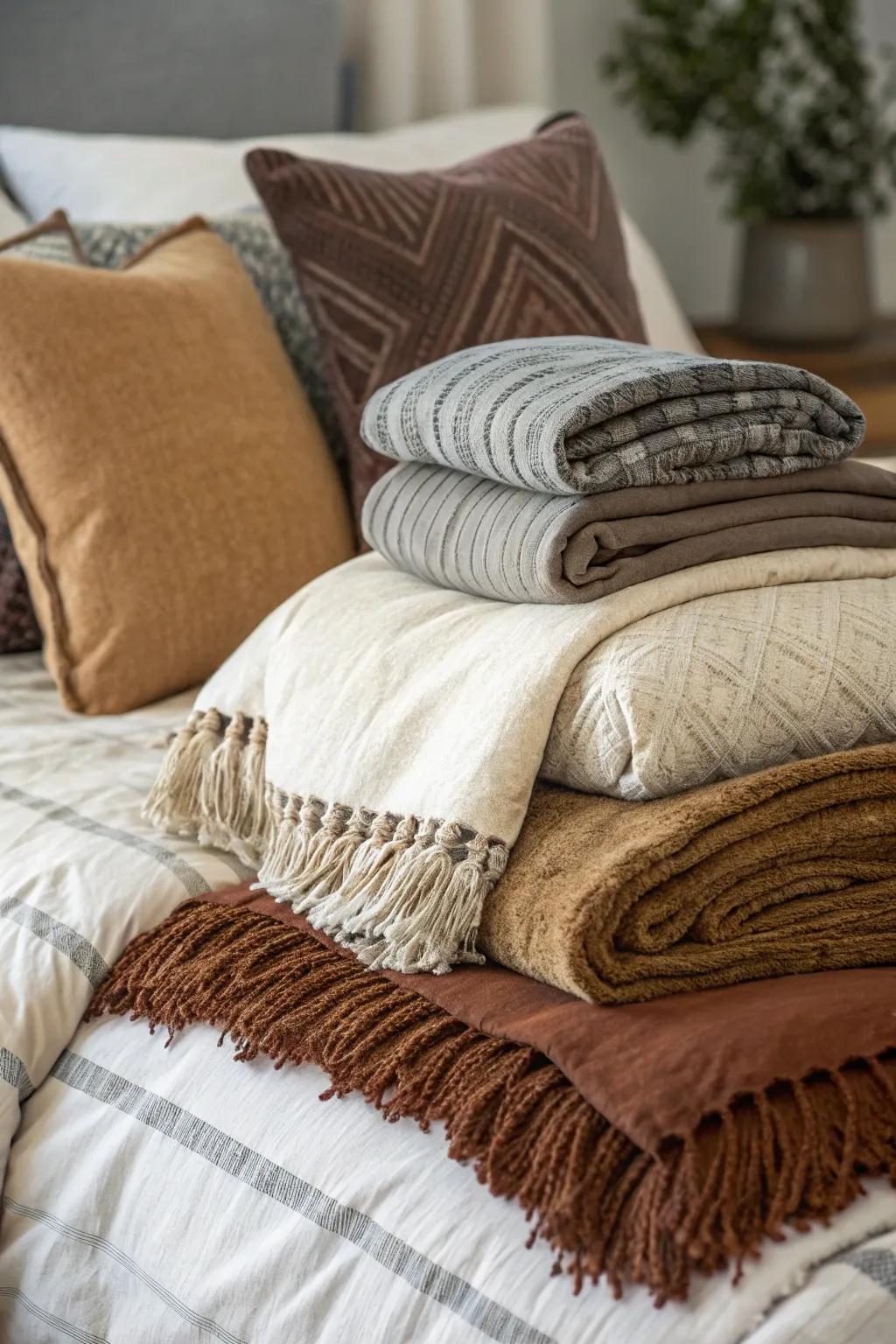 A layered medley of textiles crafts an inviting and snug bed setting.