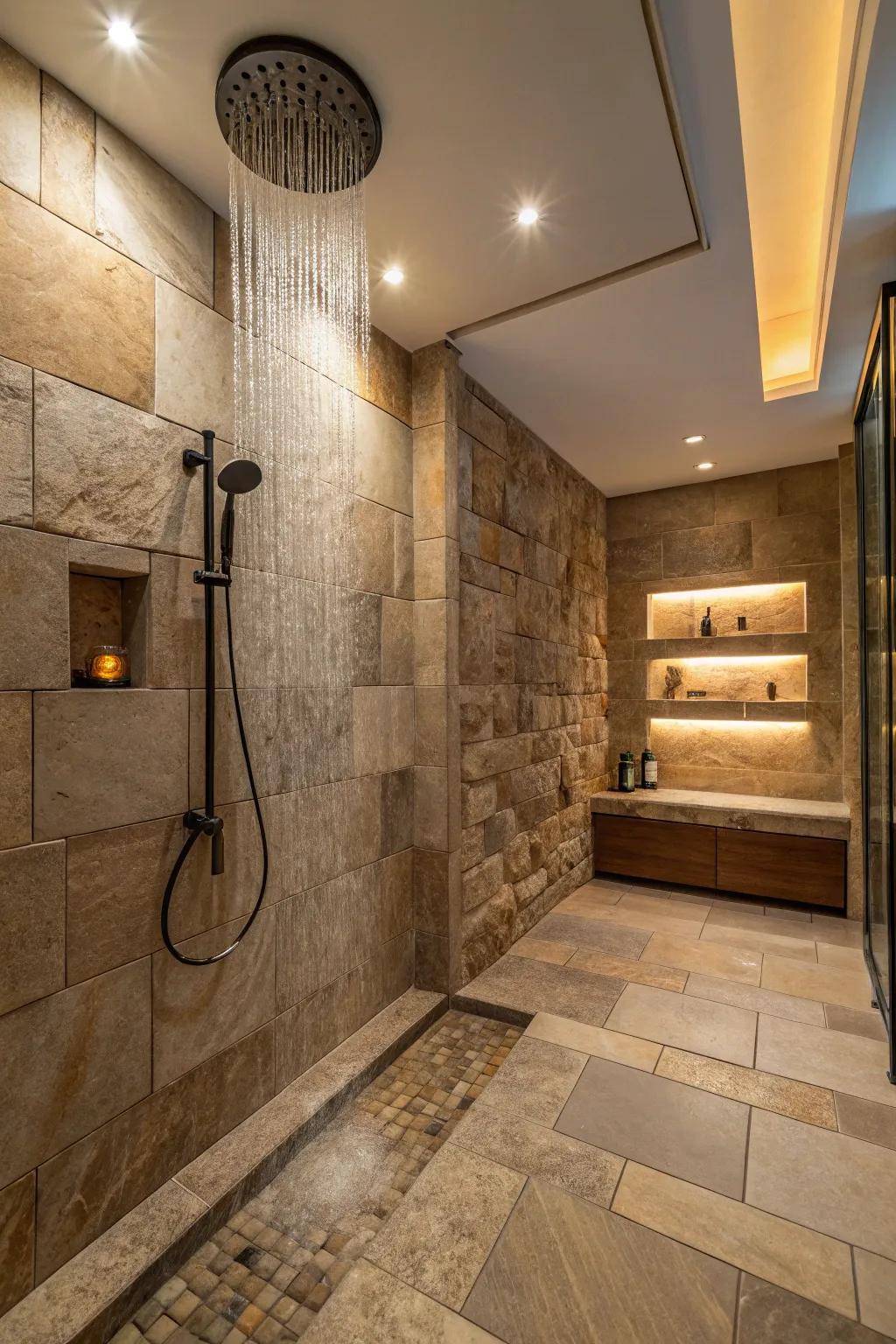 A rainfall shower gives a calming feeling to every zen bathroom.