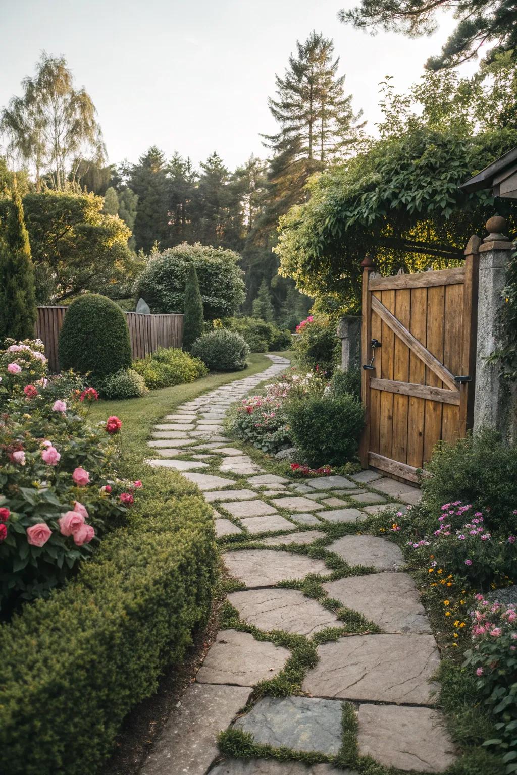A captivating stone pathway guiding you through a beautifully landscaped garden.