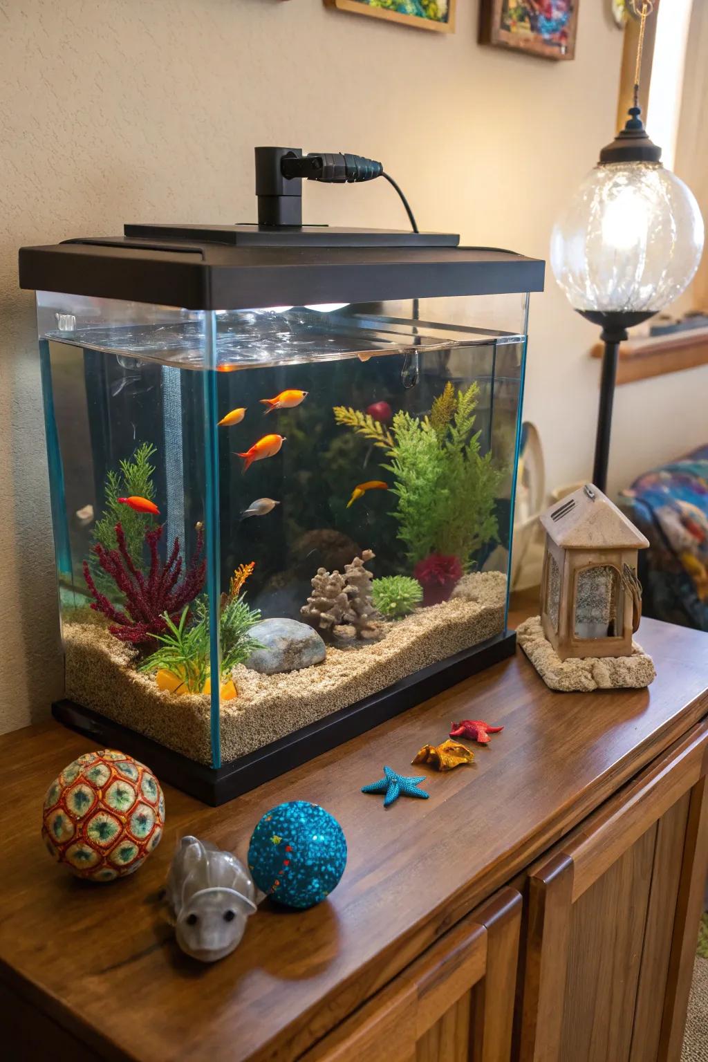 Handcrafted accents add a personalized touch to your aquarium.