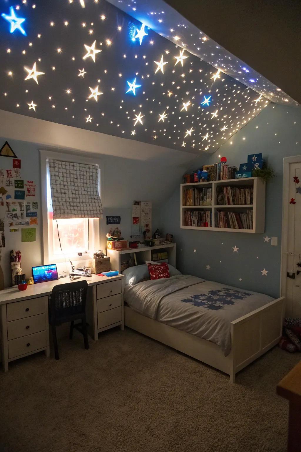 Innovative lighting introduces a captivating and enchanting element to a boy's bedroom.