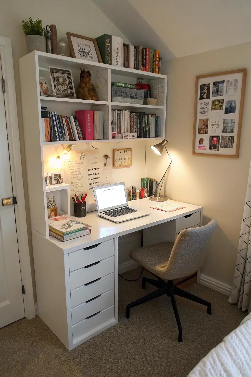 A corner workspace champions productivity in restricted areas.