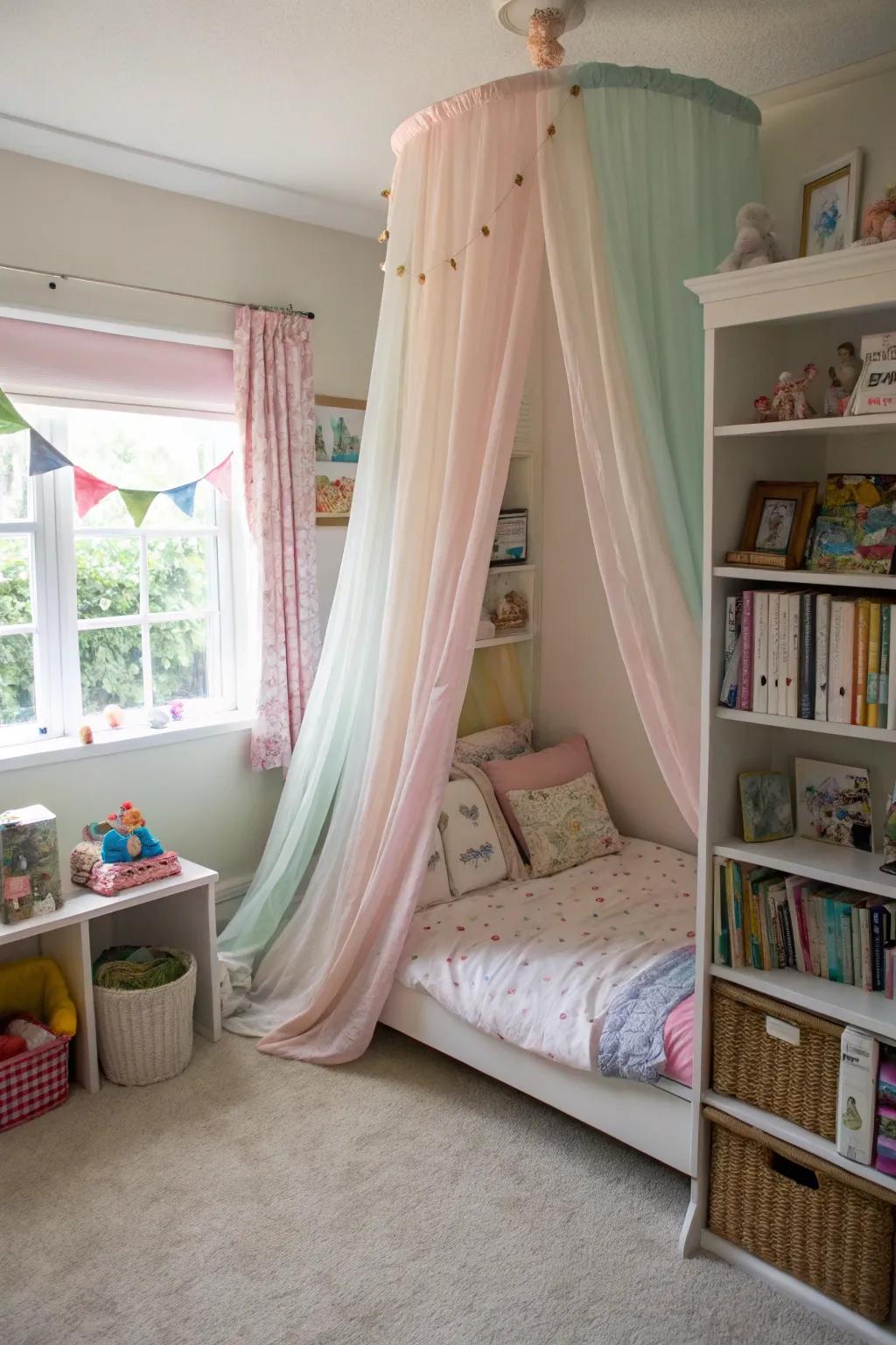 A draped bed adds elegance and a sense of retreat.