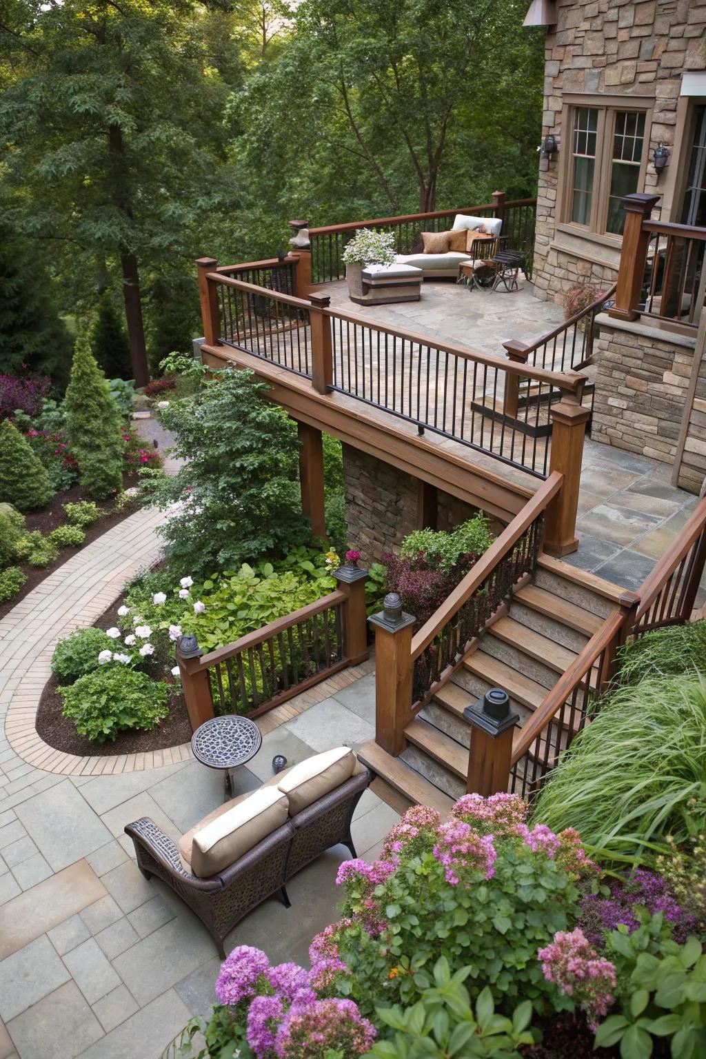 An expertly crafted stairway connecting the deck to the surrounding landscape.