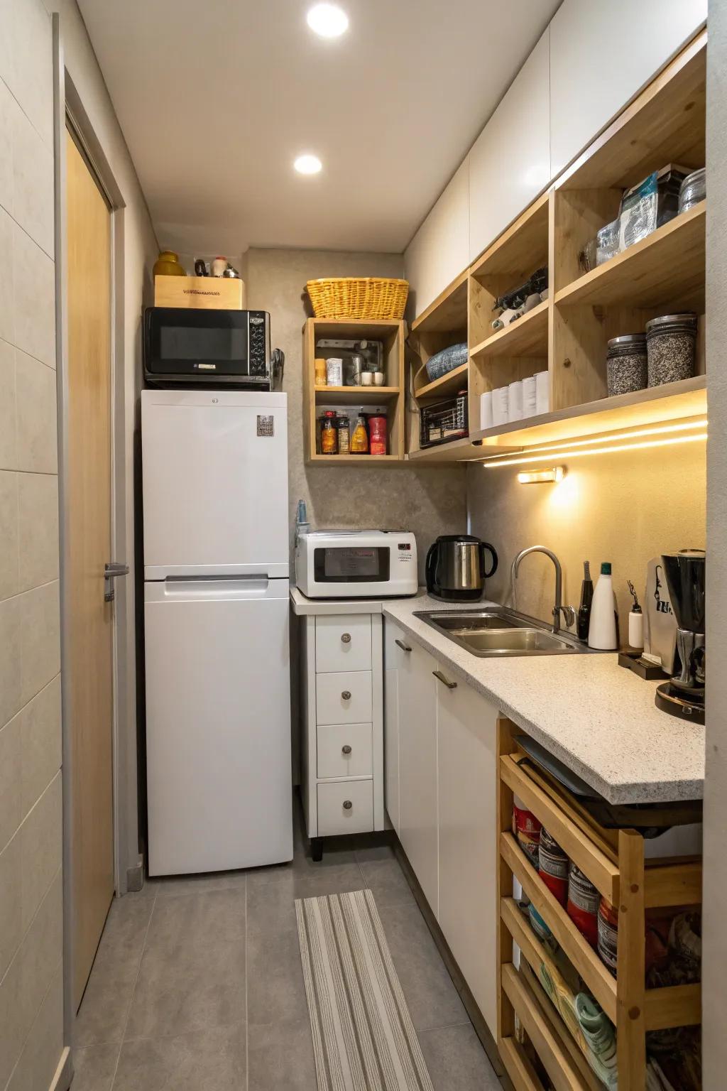 In a compact kitchen, there are compact appliances and vertical storage.