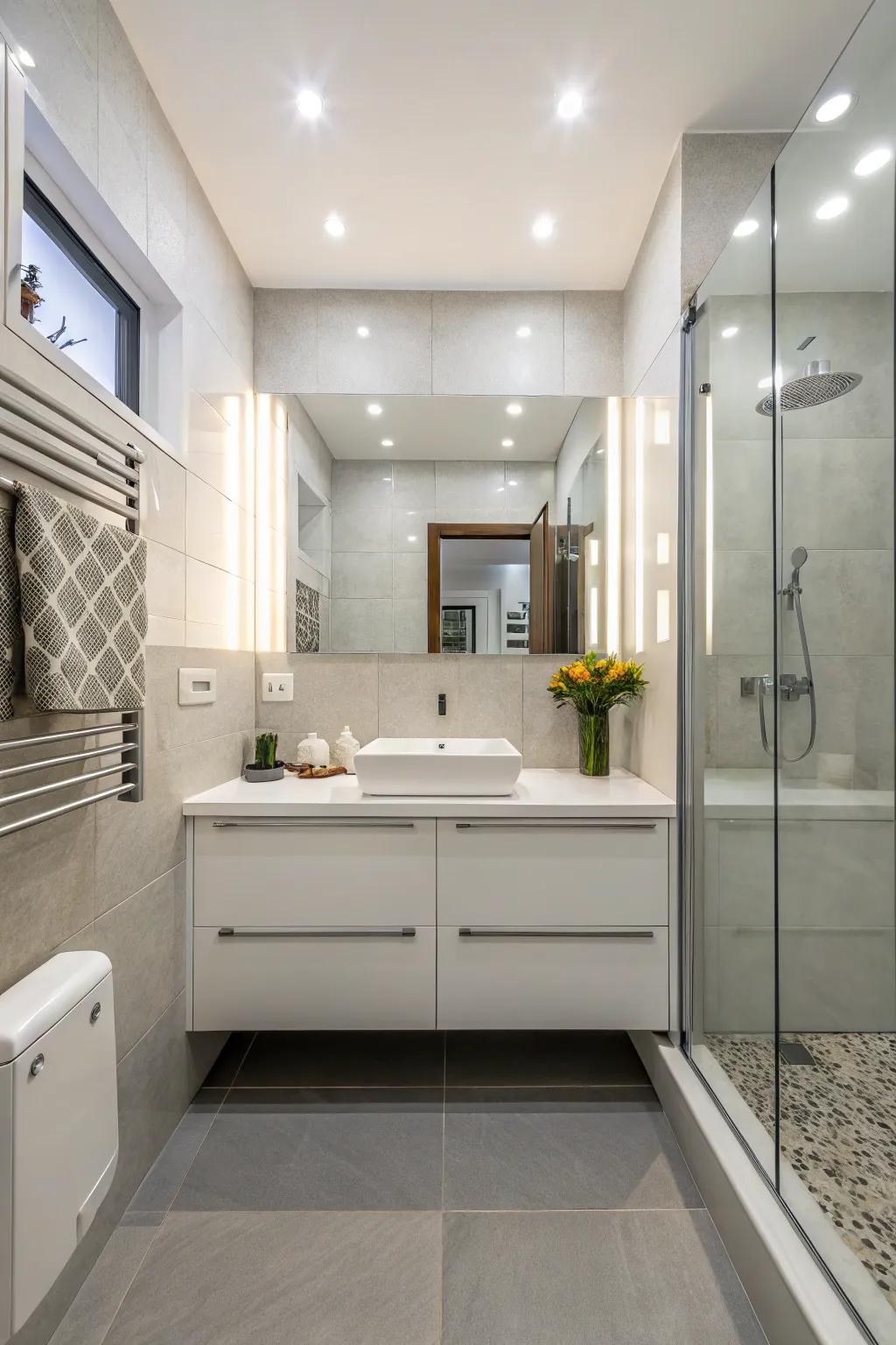 Hanging counters improve both style and area in small washrooms.