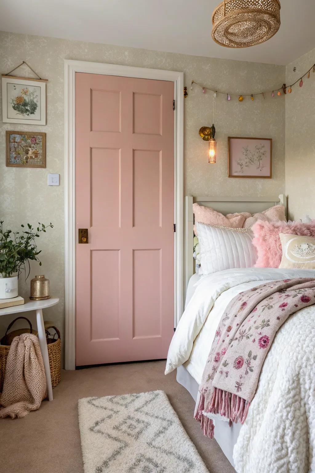 A delicate rose entryway introduces a hint of whimsy to this captivating sleeping quarters.