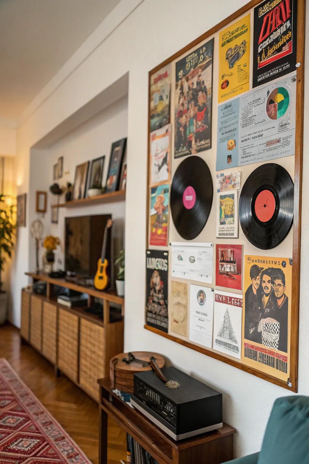 A music-centric display board showcasing 80s sheet music and record sleeves.